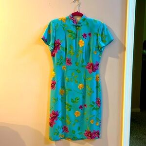 Vintage David Warren New York Pencil Dress Turquoise Floral Print Sz 6 slim fit